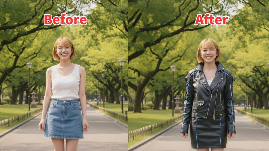 レザージャケットとタイトなスレザーカート