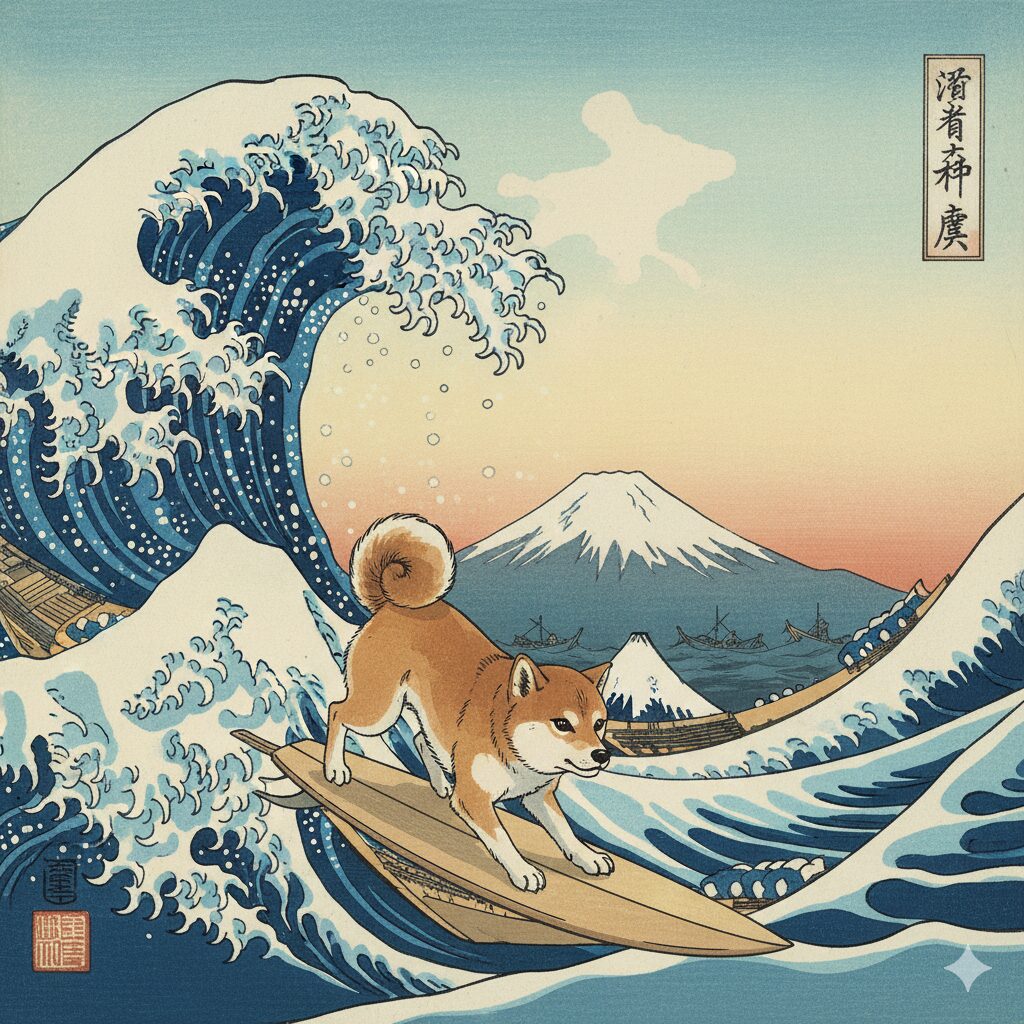 浮世絵風の、波乗りをする柴犬