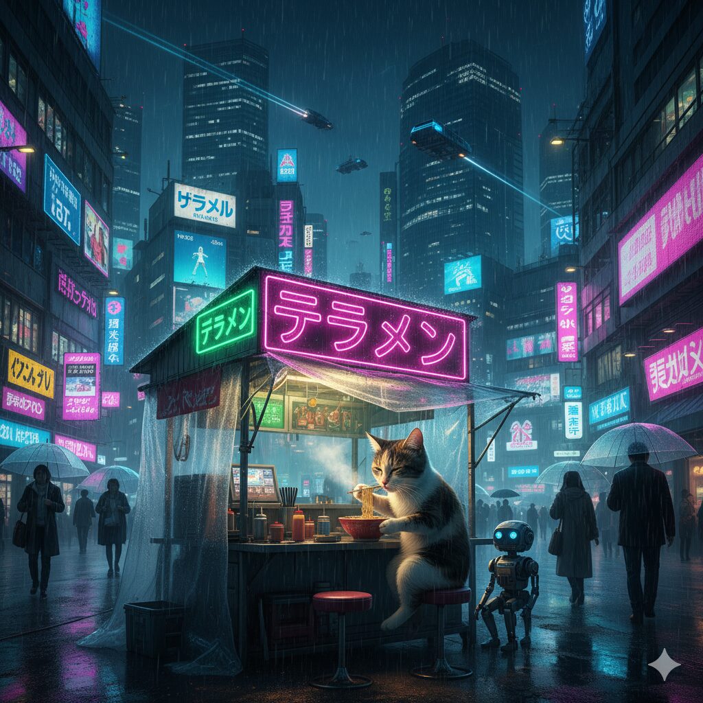 サイバーパンクな東京の夜景を背景に、屋台でラーメンを食べる猫。ネオンが輝いている。