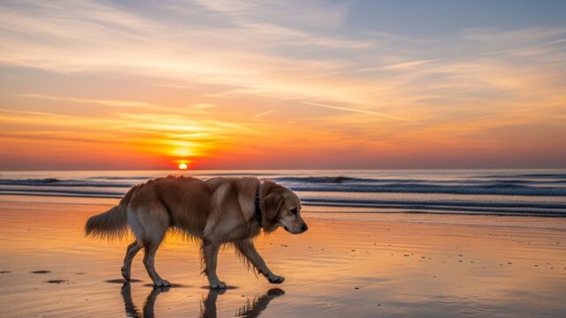 夕暮れのビーチを歩く犬