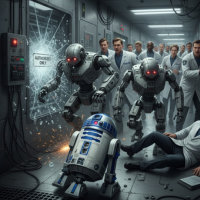 ロボットたちの後を追いかけるスタッフ