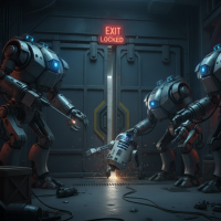 出口の扉の前で立ち往生するロボットたち